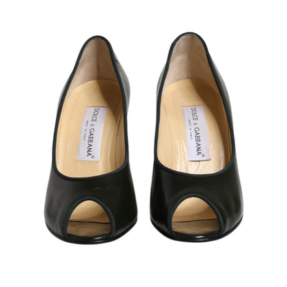 Dolce & Gabbana Green Leather Peep Toe Heels Pumps Shoes