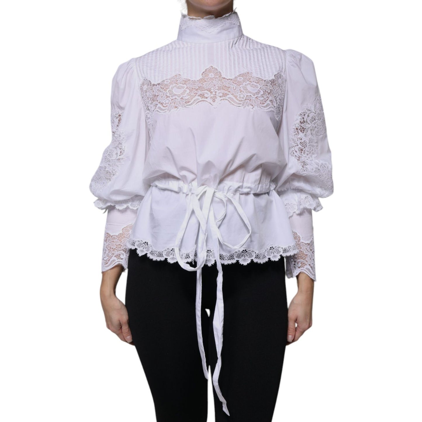 Dolce & Gabbana White Cotton Lace Trim Turtleneck Blouse Top