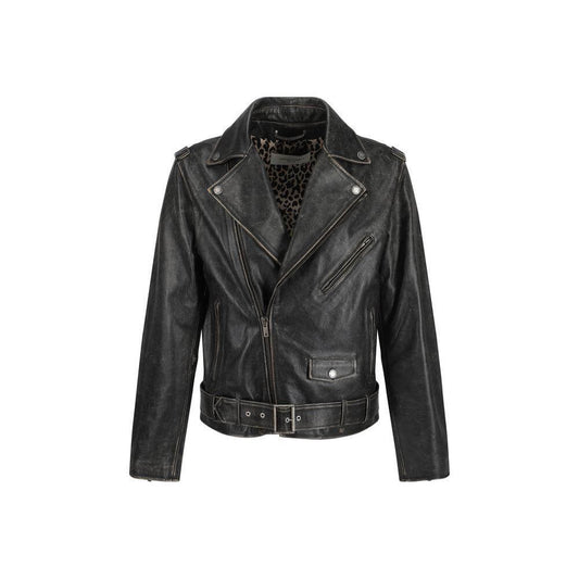 Golden Goose Golden Biker Jacket, vintage-style leather with double-breasted zipper, adjustable waistband, and classic lapels.