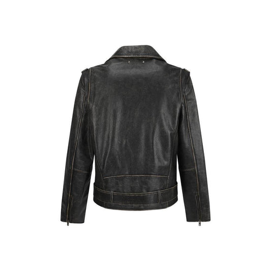 Back view of a vintage effect Golden Goose leather biker jacket with adjustable waistband and zipper sleeves.