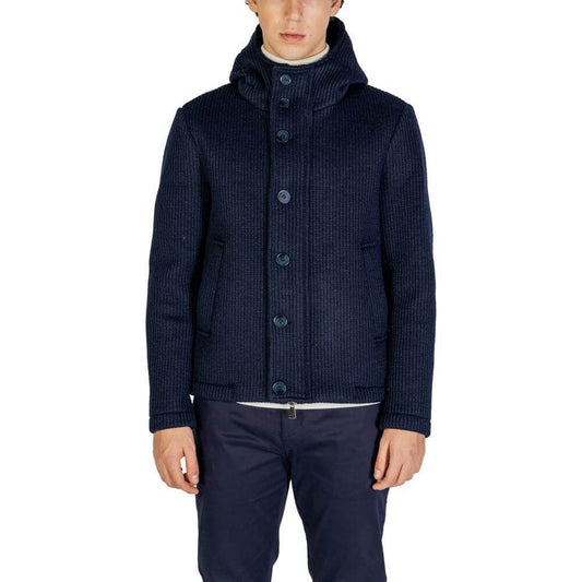 Hydra Clothing men's blue polyester wool jacket, fall/winter collection, featuring button front and hood.