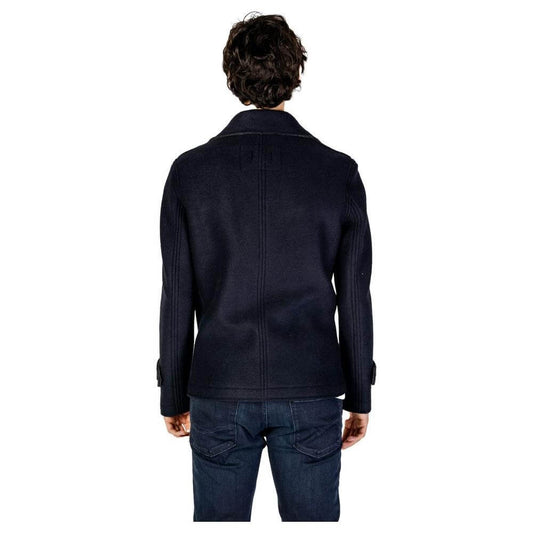 Back view of a men's Hydra Clothing blue viscose jacket, part of the Fall/Winter collection, made of 40% viscose, 40% polyester, and 20% wool.