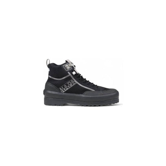 Black high-top sneaker with rugged sole and lace-up design. Ideal for autumn and winter fashion.