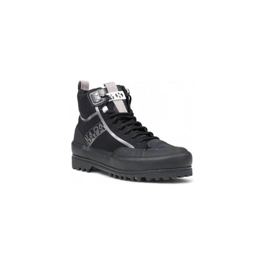 Black fabric high-top sneaker with buckle and lace details, rugged sole, and branded design for women. Perfect for autumn/winter fashion.