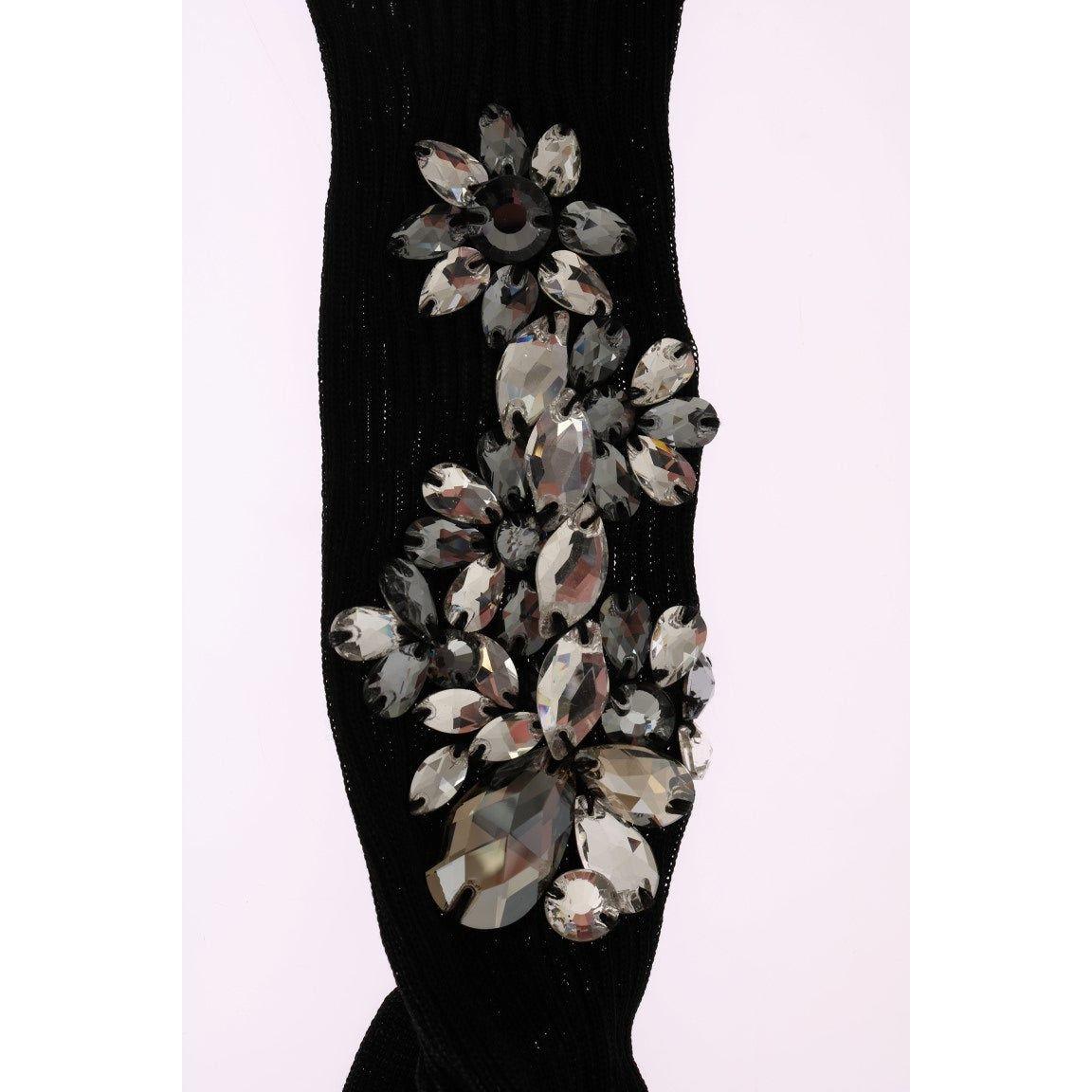 Dolce & Gabbana Black Knitted Floral Clear Crystal Socks