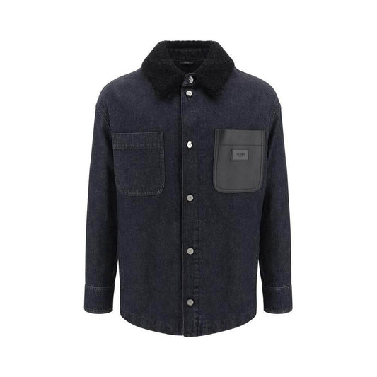 Fendi denim jacket with fur collar, snap-button closure, and logo leather pocket, blending casual style with luxury and sophistication.
