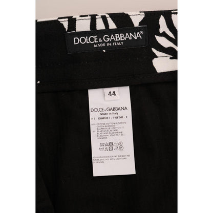 Dolce & Gabbana White Black Leaf Cotton Stretch Slim Pants