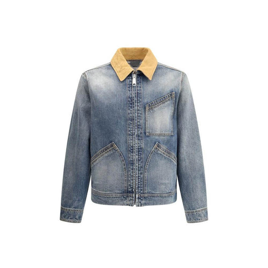 Alexander McQueen denim jacket with suede collar, double-slider front zipper, and three patch welt pockets for a bold, contemporary look.