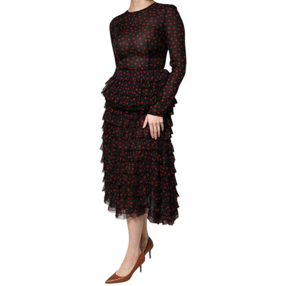 Dolce & Gabbana Black Red Polka Dot Silk Layered Midi Dress