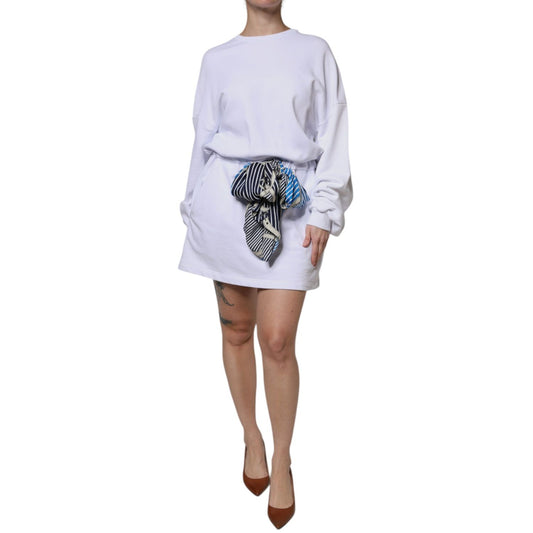 MSGM White Cotton Belted Long Sleeves Crew Neck Mini Dress