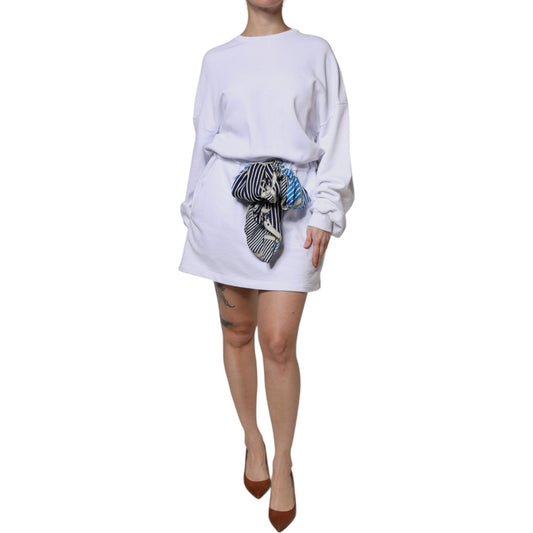 MSGM MSGM White Cotton Belted Long Sleeves Crew Neck Mini Dress DR281397-40