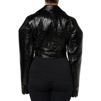 Dolce & Gabbana Black Leather Cropped Long Sleeve Coat Jacket