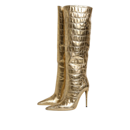 Dolce & Gabbana Gold Leather Stiletto Heels High Boots Shoes