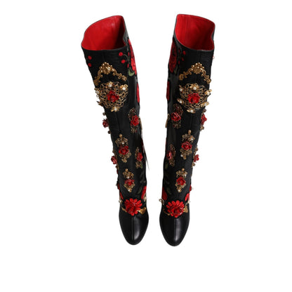 Dolce & Gabbana Black Roses Embellished Leather Heel Boots Shoes