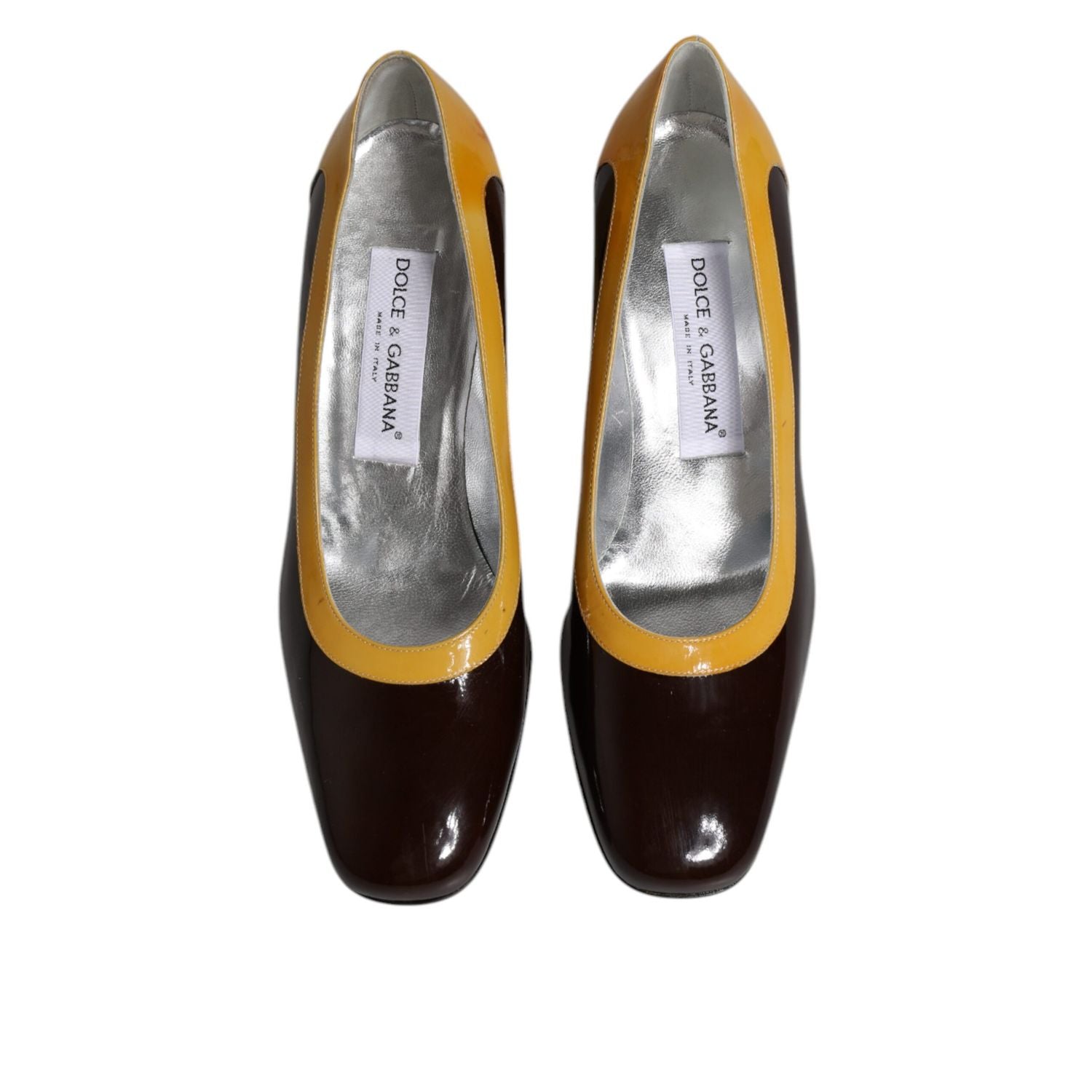 Dolce & Gabbana Yellow Brown Leather Block Heel Pumps Shoes
