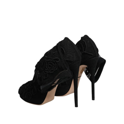 Dolce & Gabbana Black Tulle Stretch Heels Mid Calf Boots Shoes