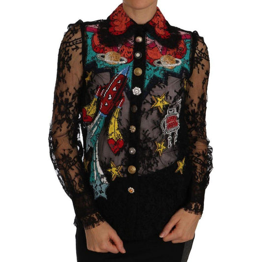 Dolce & Gabbana Floral Lace Embroidered Blouse with Crystals Dolce & Gabbana Black