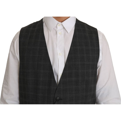 Dolce & Gabbana Gray Wool STAFF Checkered Stretch Vest