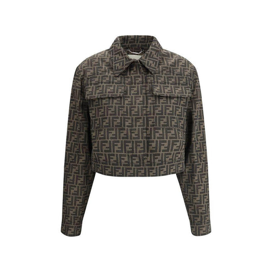 Cropped Fendi FF logo jacket with classic collar and front snap closure, featuring a bold modern design and streetwear luxury style.
