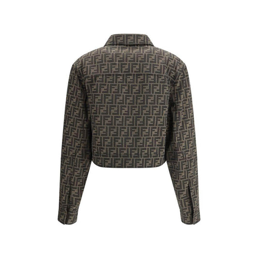 Back view of Fendi FF logo cropped jacket with classic collar and contemporary design featuring front patch pockets and snap closure.