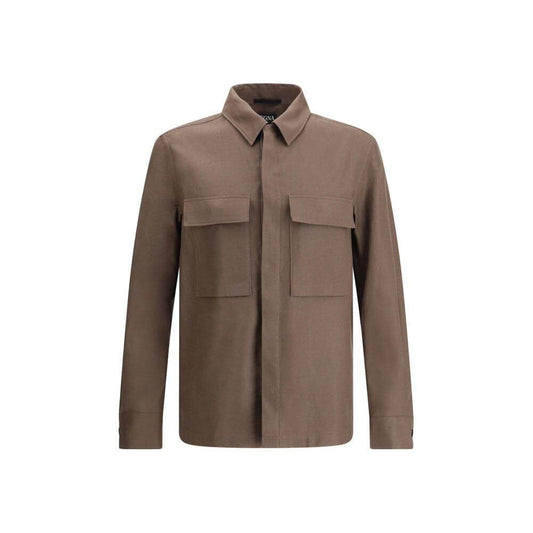 ZEGNA linen shirt jacket with classic collar, concealed buttons, and two front patch pockets for a minimalist, sophisticated look.