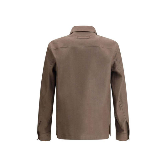 Back view of brown ZEGNA linen shirt jacket with classic collar and long sleeves, showcasing minimalist design.