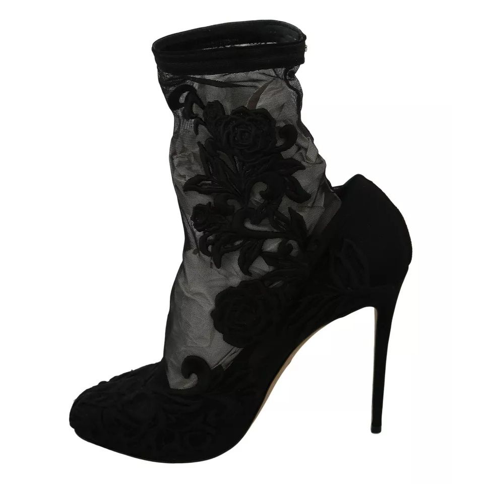Dolce & Gabbana Black Tulle Stretch Floral Booties Shoes
