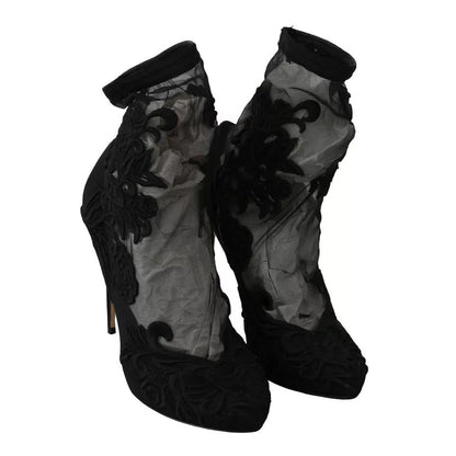 Dolce & Gabbana Black Tulle Stretch Floral Booties Shoes