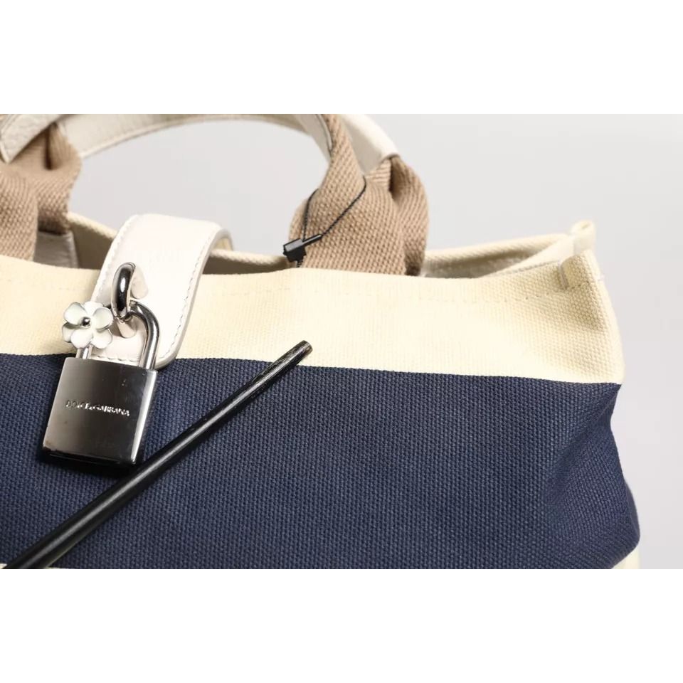 Dolce & Gabbana White Navy Striped Canvas Top Handle Tote Bag