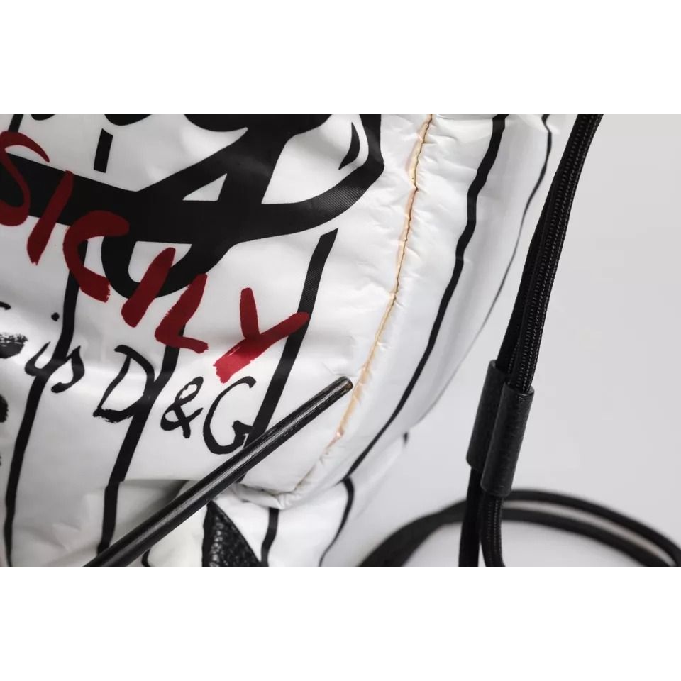 Dolce & Gabbana Black White Striped Polyester Drawstring Backpack Bag