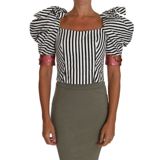 Dolce & Gabbana White Black Striped Cropped Top Puff Sleeve Shirts