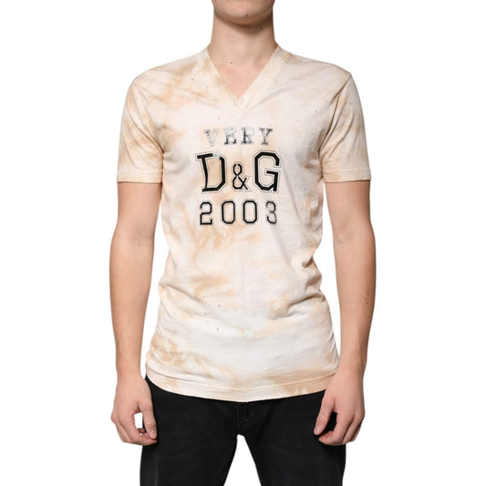 Dolce & Gabbana Beige Graphic Print Cotton V-neck T-shirt