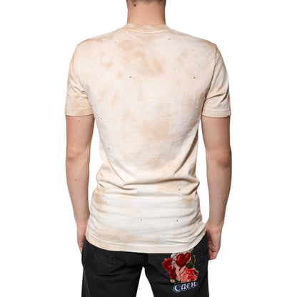 Dolce & Gabbana Beige Graphic Print Cotton V-neck T-shirt
