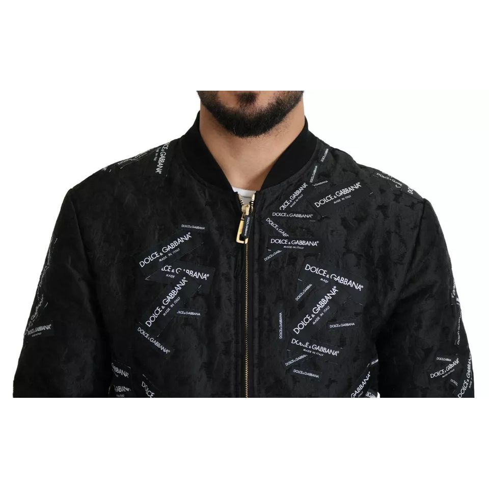 Dolce & Gabbana Black Logo Patch Brocade Bomber Full Zip Jacket