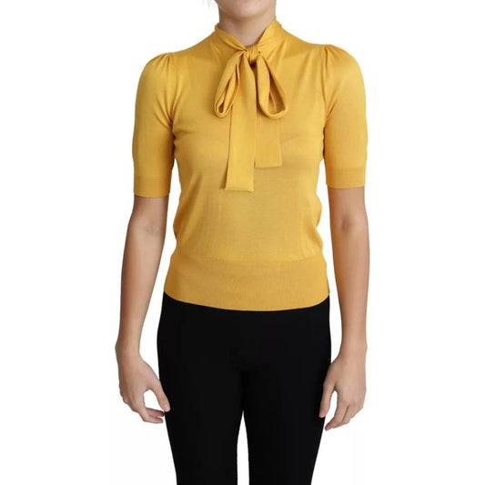 Dolce & Gabbana Yellow Silk Knit Pullover Ascot Collar Top