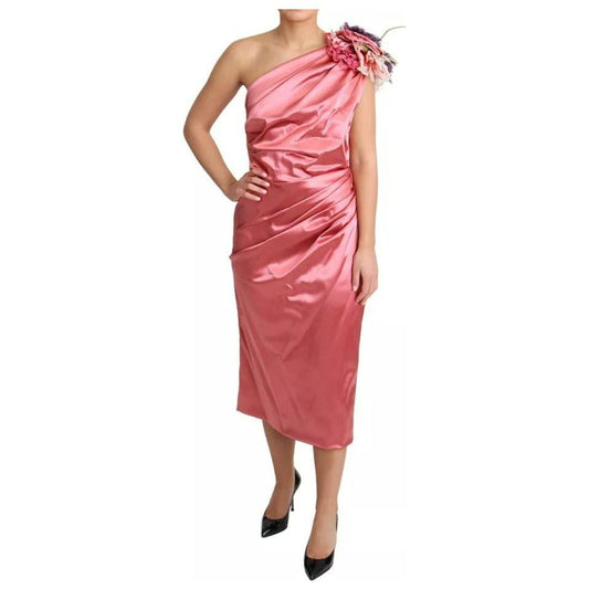 Dolce & Gabbana Pink Draped Midi Flower Applique Dress