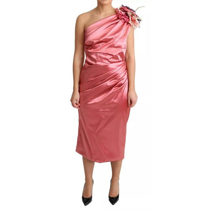 Dolce & Gabbana Pink Draped Midi Flower Applique Dress