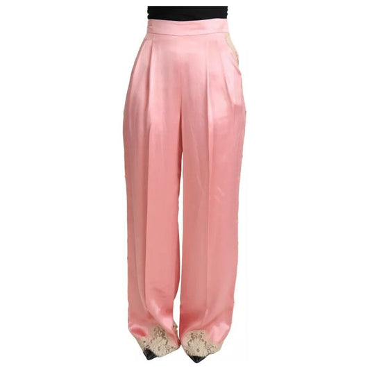 Dolce & Gabbana Pink Lace Trimmed Silk Satin Wide Legs Pants