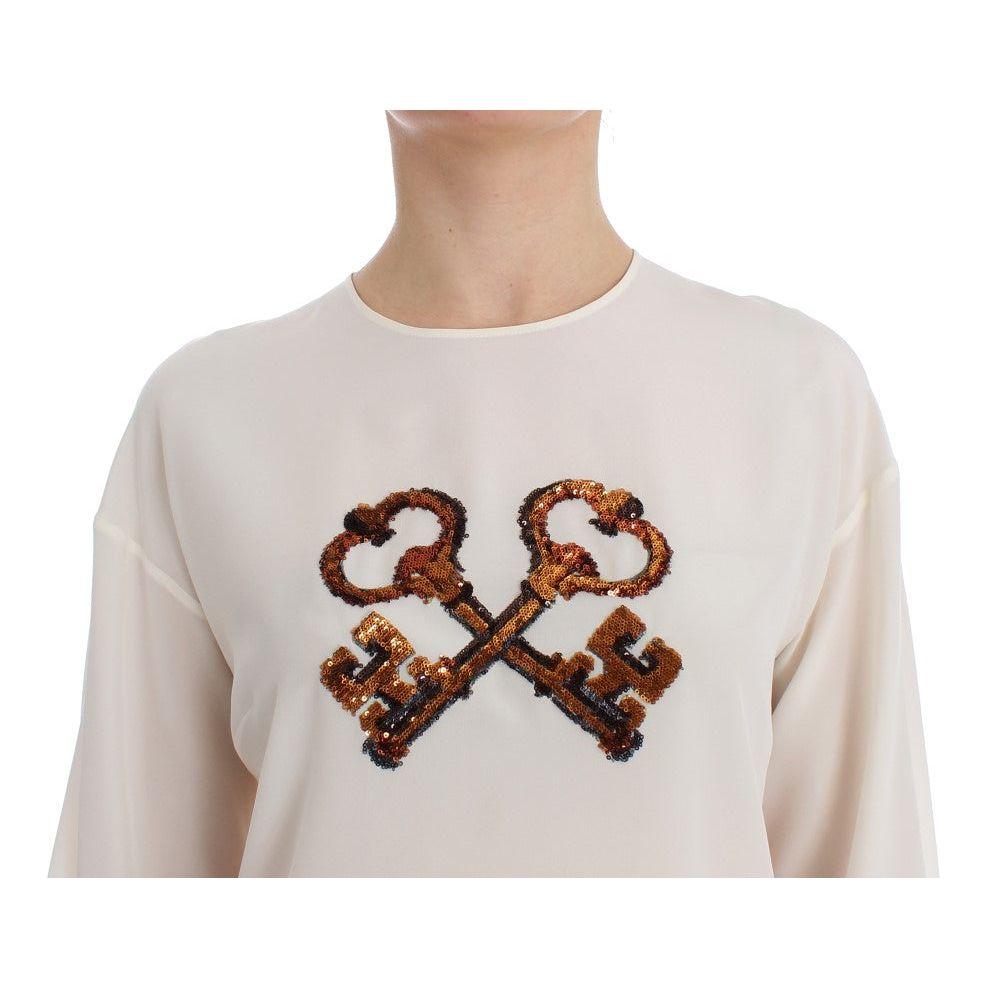 Dolce & Gabbana White Sequined Key Silk Blouse T-shirt Top