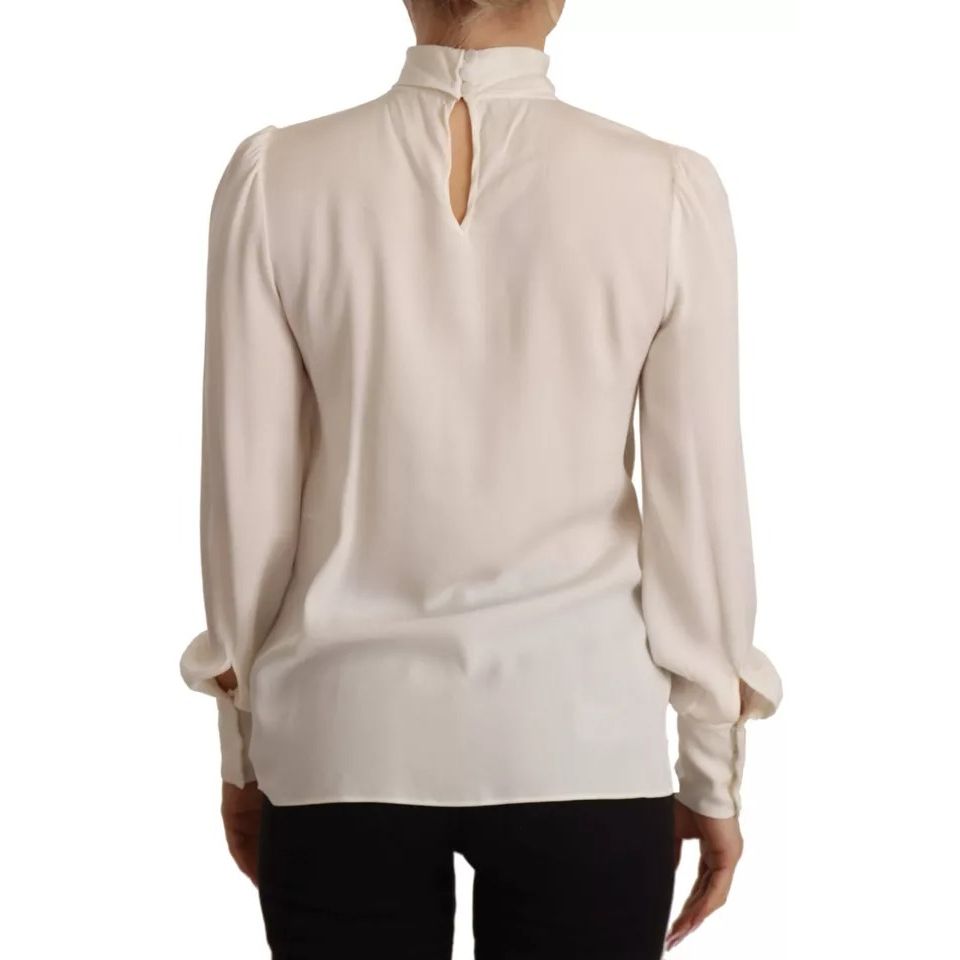 Dolce & Gabbana Off White Silk Long Sleeve Turtle Neck Top