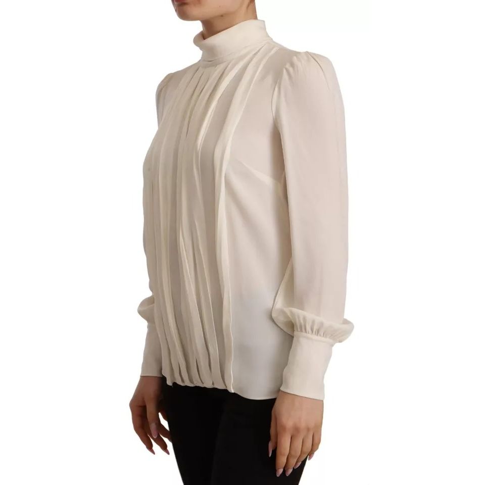 Dolce & Gabbana Off White Silk Long Sleeve Turtle Neck Top