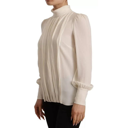Dolce & Gabbana Off White Silk Long Sleeve Turtle Neck Top