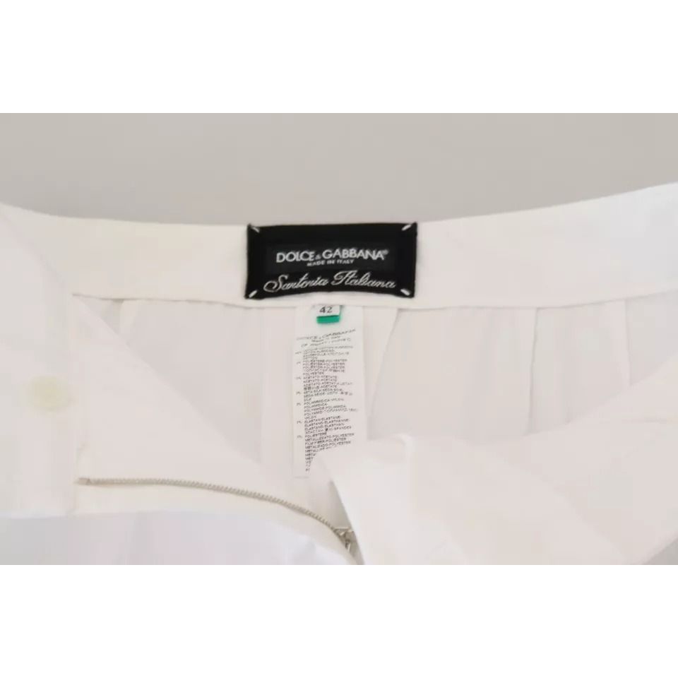 Dolce & Gabbana White Jacquard Cotton Blend Mid Waist Pants