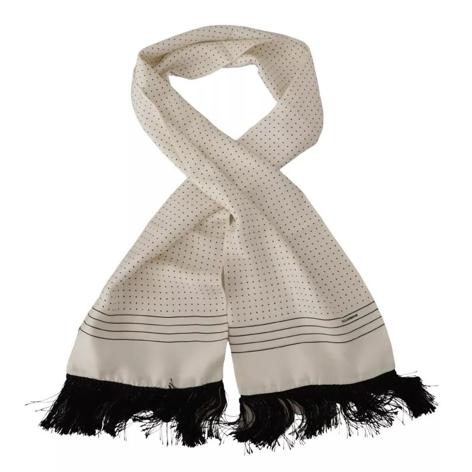 Dolce & Gabbana White Polka Dots Pattern Silk Fringes Wrap Scarf