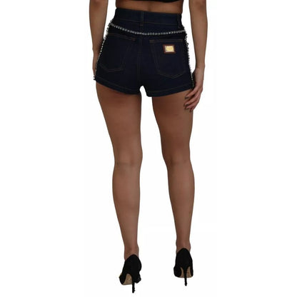 Dolce & Gabbana Blue Denim Stretch Crystal Hot Pants Shorts