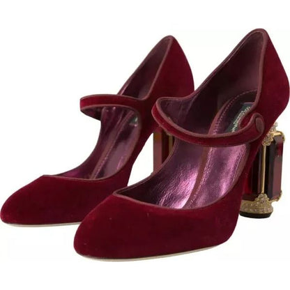 Dolce & Gabbana Red Velvet Gold Crystals Heels Mary Janes Shoes