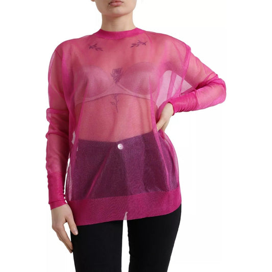 Dolce & Gabbana Pink Sheer Long Sleeves Crewneck Top Blouse TSH84249-38