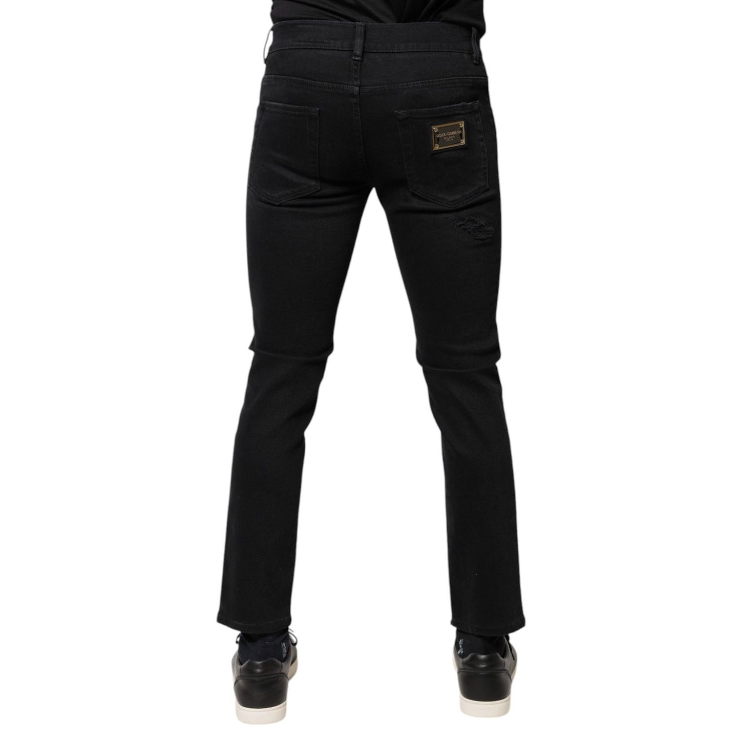 Dolce & Gabbana Black Cotton Tattered Skinny Denim Logo Jeans