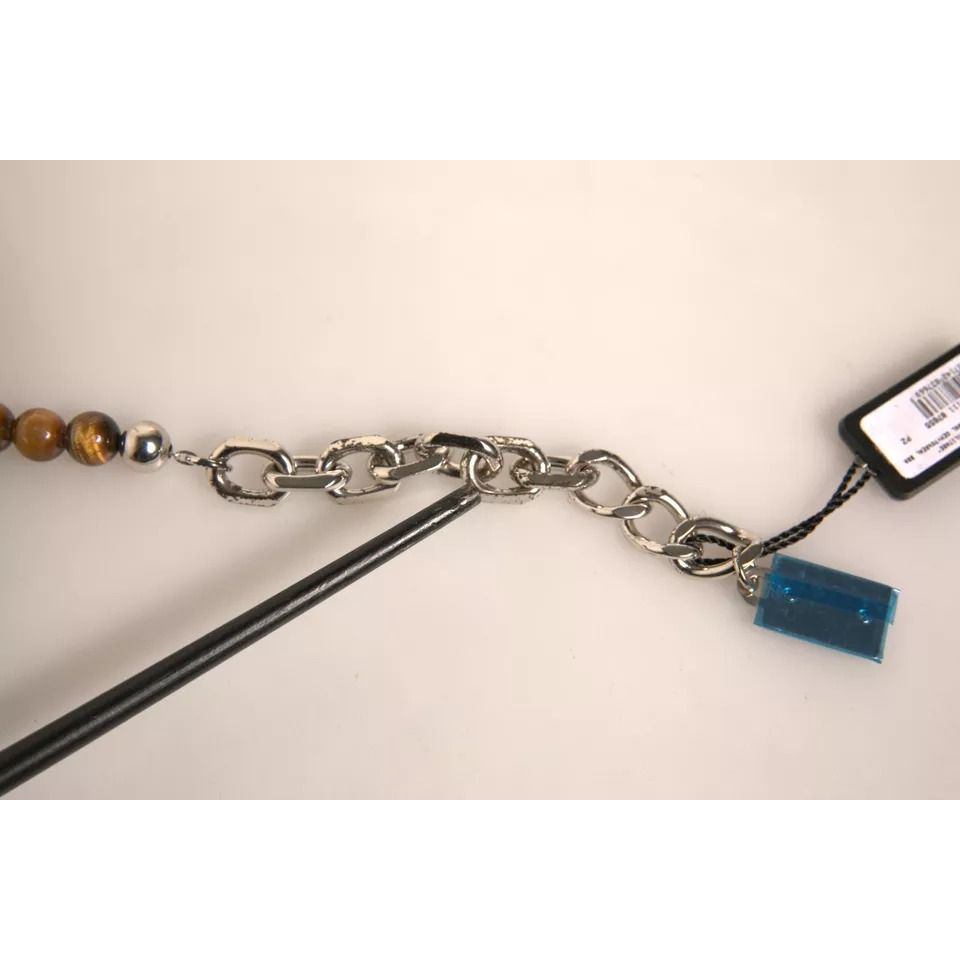 Dolce & Gabbana Silver Brass Chain Beaded Logo Plaque Keychain Keyring