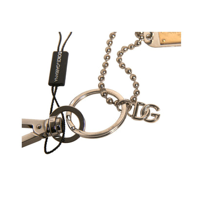 Dolce & Gabbana Silver Brass Chain Beaded Logo Plaque Keychain Keyring